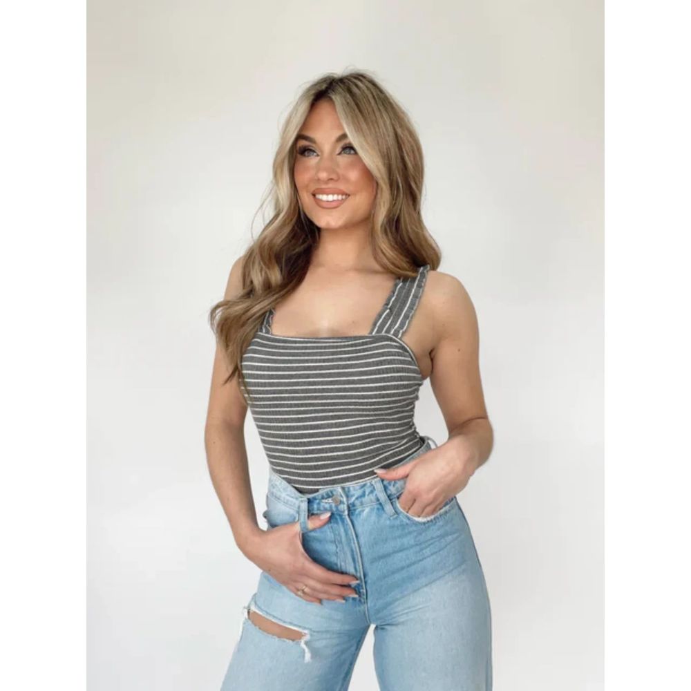 Charcoal Striped Ruffle Ribbed Bodysuit - Picture 3 of 3